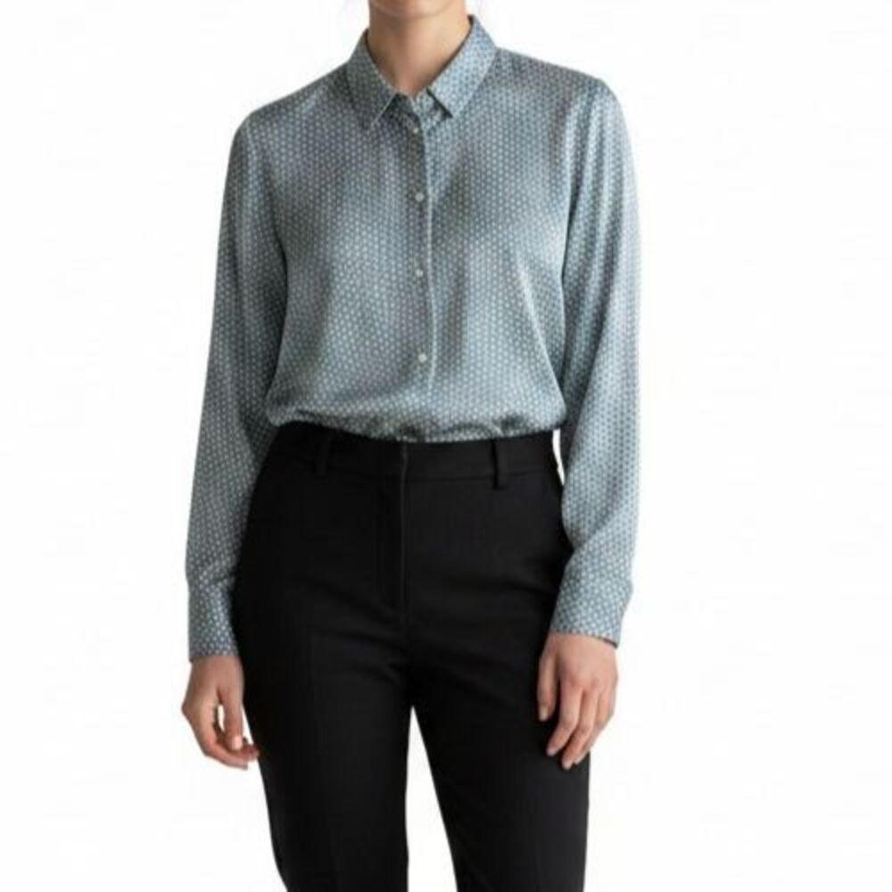 NEW Banana Republic Long Sleeve Silky Classic Blue Print Blouse Women XXL Shirt